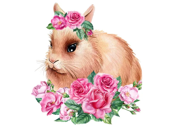 Kanin med rosa blommor på vit isolerad bakgrund, akvarell illustration — Stockfoto