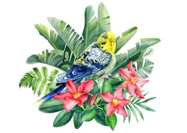 Papağan, çiçek ve palmiye yapraklarıyla kompozisyon, yaz baskısı, suluboya botanik resim