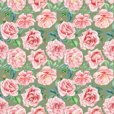 Gül 'den, tomurcuklardan, yapraklardan çiçek desenleri. Suluboya resim, yeşil arkaplanda çiçekler