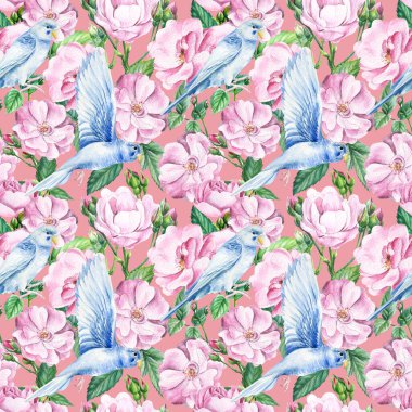 İzole edilmiş arka planda tropikal kuşların, çiçeklerin, güllerin ve papağanların kusursuz desenleri. Suluboya çizimi