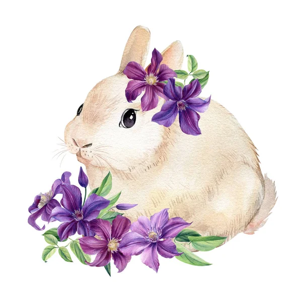Vår kanin med lila blommor på vit isolerad bakgrund, akvarell illustration, digital affisch — Stockfoto
