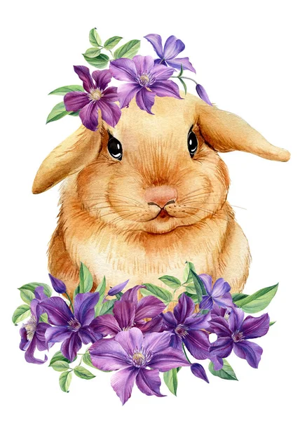 Lapin de printemps avec des fleurs violettes sur fond blanc isolé, illustration aquarelle, affiche numérique — Photo