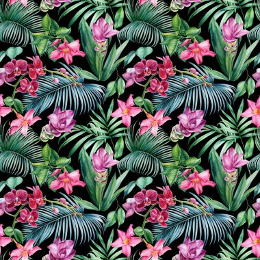 Tropik çiçekler, zerdeçal, orkide, amber çiçeği ve palmiye yaprakları, suluboya botanik çizimler. Kusursuz desenler. 