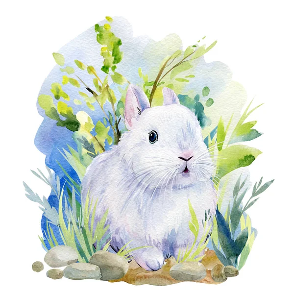 Lapin mignon de printemps sur l'herbe, carte postale aquarelle, lapin moelleux — Photo