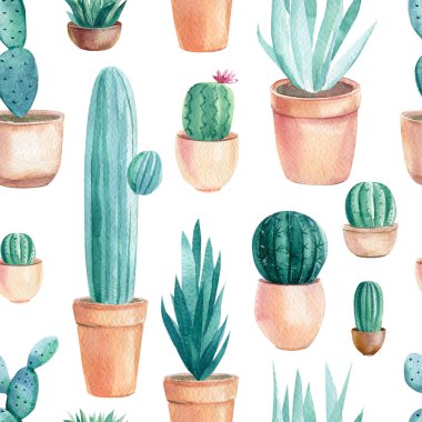Suluboya kusursuz desen. Kaktüs ve sulu. Saksıdaki Ev Bitkileri. Kaktüs arkaplanı