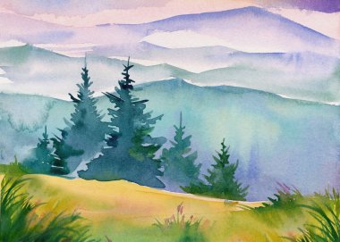 Dağlar, suluboya manzara, el çizimi.