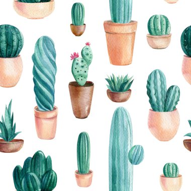 Suluboya kusursuz desen. Kaktüs ve sulu. Saksıdaki Ev Bitkileri. Kaktüs arkaplanı