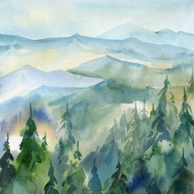 Suluboya manzara, dağlar ve köknar ormanı, doğa.