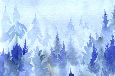 Güzel mavi köknar ormanı, suluboya çizimi