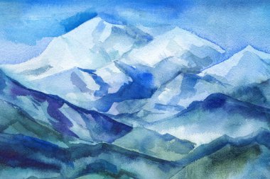 Dağlı suluboya manzara, panoramik manzara