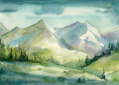 Suluboya boya manzara, sisli dağlar.