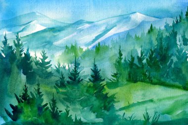 Dağlarla, ormanlarla, suluboya resimlerle dolu güzel bir manzara.