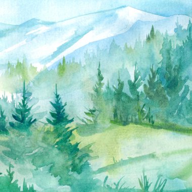 Suluboya boya manzara, sisli dağlar.