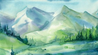 Suluboya boya manzara, sisli dağlar.