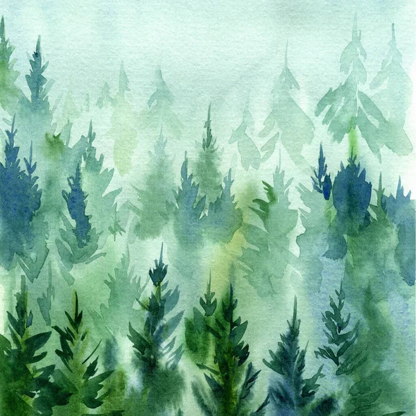 Beautiful forest landscape in fog, watercolor illustration.