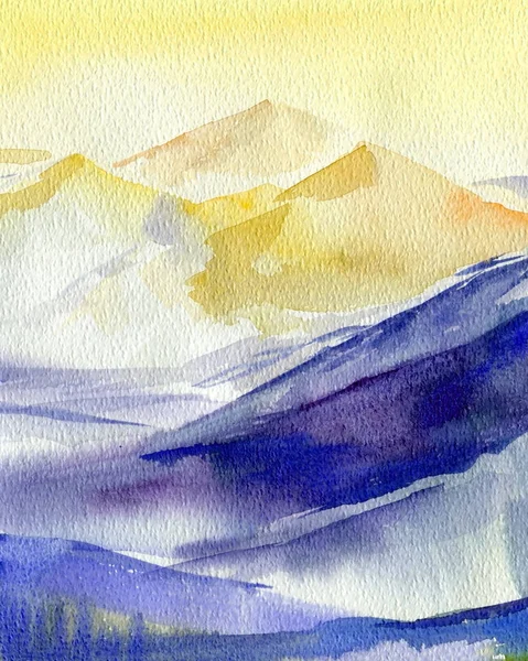 Berglandschaft mit Gipfeln bei Sonnenuntergang. Aquarellillustrationen. — Stockfoto