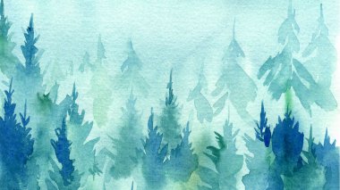 Güzel orman manzarası, suluboya çizimi. Panoramik görünüm