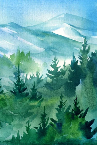 Paisagem bonita com montanhas e floresta, ilustração aquarela — Fotografia de Stock