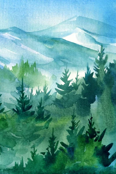 Beautiful landscape with mountains and forest, watercolor illustration