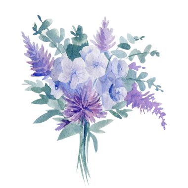 Çiçek buketi. Beyaz arka planda izole edilmiş suluboya çiçekler, elle boyanmış çiçek buketleri.