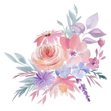 Suluboya soyut çiçekler, beyaz arka planda izole edilmiş çiçek buketi, elle boyanmış.