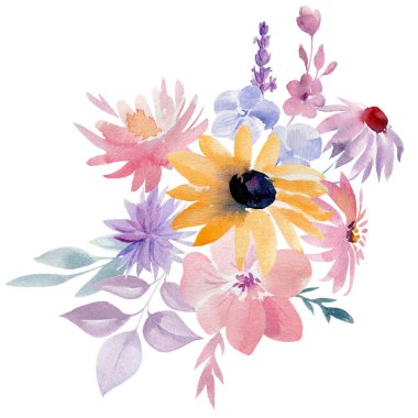 Suluboya soyut çiçekler, beyaz arka planda izole edilmiş çiçek buketi, elle boyanmış.