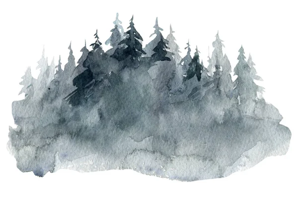 İzole edilmiş beyaz arka planda siyah ağaçlar. Suluboya çizimleri. Kağıt dokusu