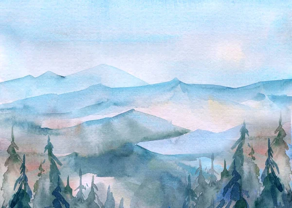 Krásná krajina s horami a lesem, akvarel ilustrace — Stock fotografie