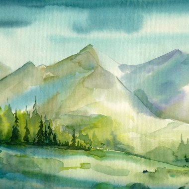 Dağlar ve orman. Güzel manzara, suluboya resim