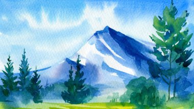 Dağlarla, ormanlarla, suluboya resimlerle dolu güzel bir manzara.