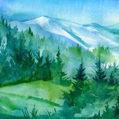 Dağlarla, ormanlarla, suluboya resimlerle dolu güzel bir manzara.