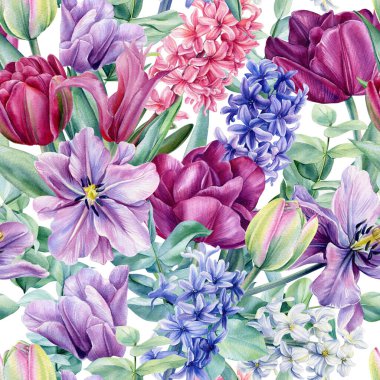Lalelerin, sümbüllerin, okaliptüslerin izole bir zemin üzerindeki çiçeklerin dikişsiz deseni, suluboya çiçeklerin....