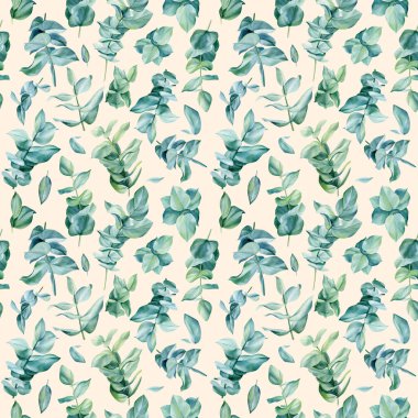 İzole edilmiş bir arka planda çiçek desenli yeşil yapraklar, suluboya okaliptüs..