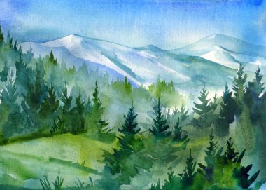 Dağlarla, ormanlarla, suluboya resimlerle dolu güzel bir manzara.