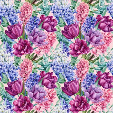 Lalelerin, sümbüllerin, okaliptüslerin izole bir zemin üzerindeki çiçeklerin dikişsiz deseni, suluboya çiçeklerin....