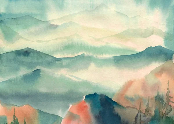 Berglandschaft mit Gipfeln bei Sonnenuntergang mit Panoramablick. Aquarellillustrationen. — Stockfoto