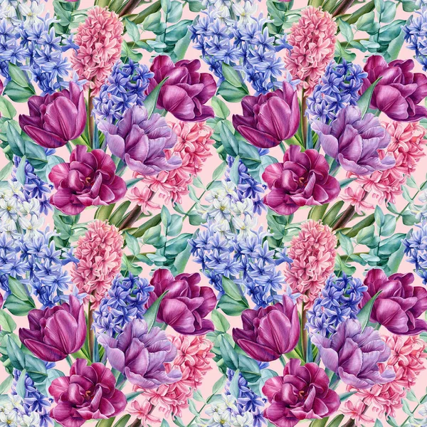 Lalelerin, sümbüllerin, okaliptüslerin izole bir zemin üzerindeki çiçeklerin dikişsiz deseni, suluboya çiçeklerin....