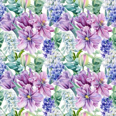 Lalelerin, sümbüllerin, okaliptüslerin izole bir zemin üzerindeki çiçeklerin dikişsiz deseni, suluboya çiçeklerin....