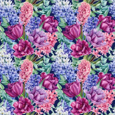 Lalelerin, sümbüllerin, okaliptüslerin izole bir zemin üzerindeki çiçeklerin dikişsiz deseni, suluboya çiçeklerin....