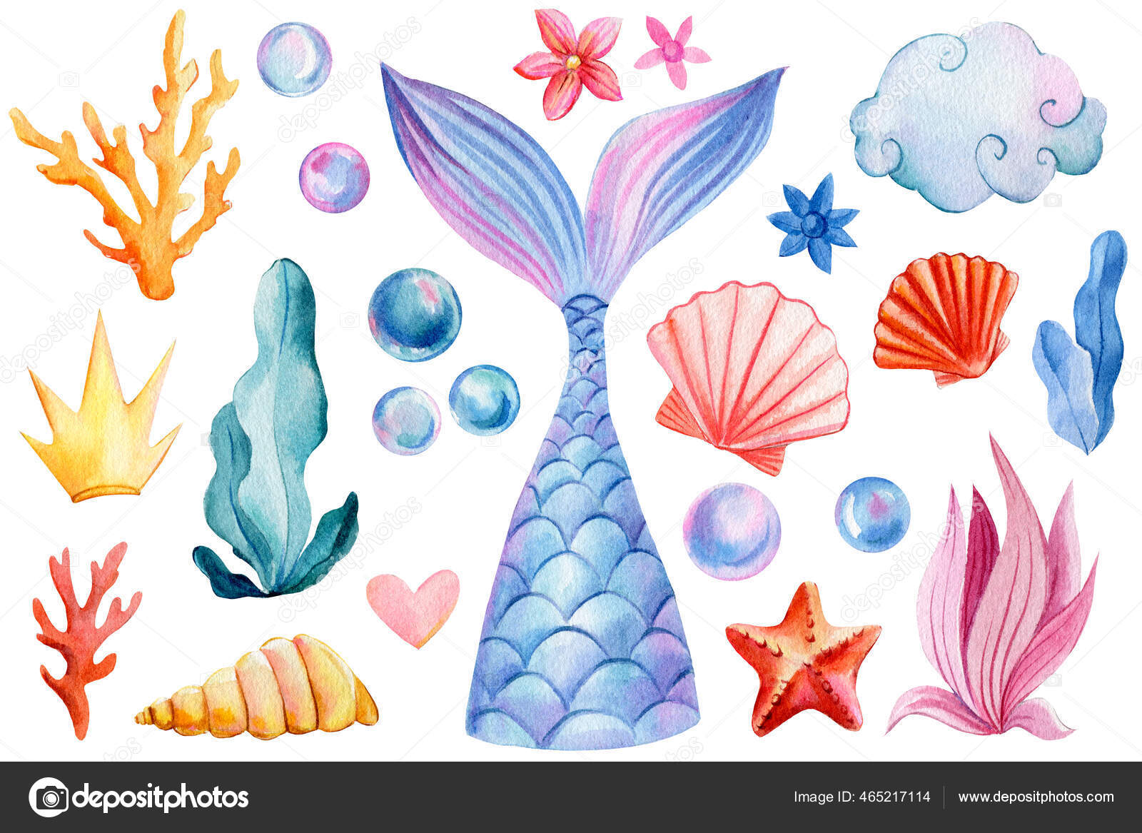 Meerjungfrauenschwanz, Muscheln, Krone, Blasen, Korallen und Perlen auf  einem isolierten weißen Hintergrund. Aquarellzeichnung Stockillustration  von ©gringoann #465217114, image size:1600x1167