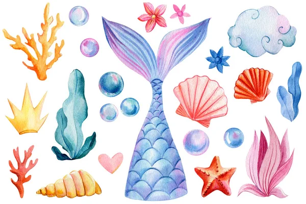 Coda di sirena, conchiglie, corona, bolle, corallo e perla su uno sfondo bianco isolato. Disegno ad acquerello — Foto Stock