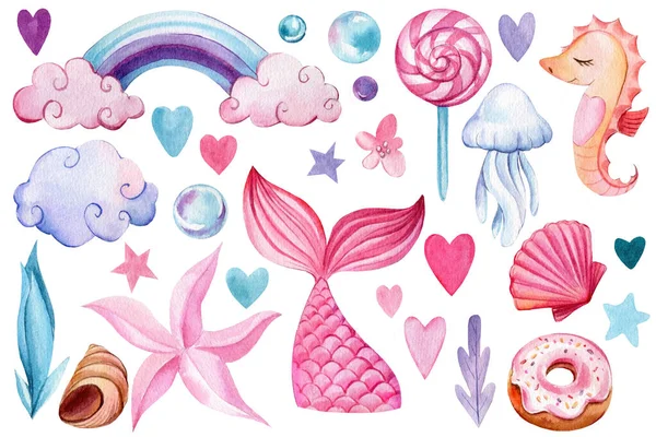 Denizkızı kedisi, deniz atı, lolipop, denizanası, Gökkuşağı ve bulutlar. Suluboya çizimi, çocuk resimleri — Stok fotoğraf