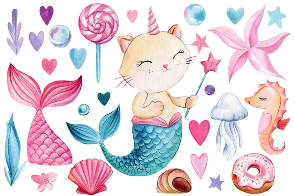 Denizkızı kedisi, deniz atı, lolipop, denizanası, çörek. Suluboya çizimi, çocuk resimleri — Stok fotoğraf