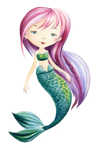 Mermaid on an isolated white background. Watercolor drawing — Stock Photo, Image