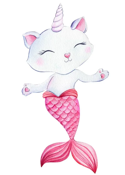 Gato sirena sobre fondo blanco aislado. Dibujo de acuarela, ilustración de niños, unicornio de gato — Foto de Stock