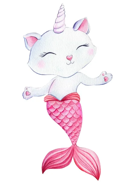 Mermaid cat on isolated white background. Watercolor drawing, childrens illustration, cat unicorn — Stock Photo, Image