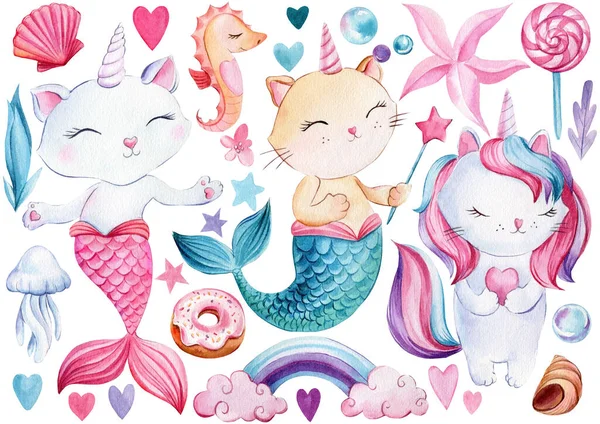 Carino gatto unicorno, gatto sirena e dolci, ciambella, lecca-lecca. Illustrazione ad acquerello, poster per bambini — Foto Stock