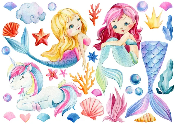 Nixen und Einhorn auf isoliertem weißem Hintergrund. Aquarell Illustration, Kinderposter — Stockfoto