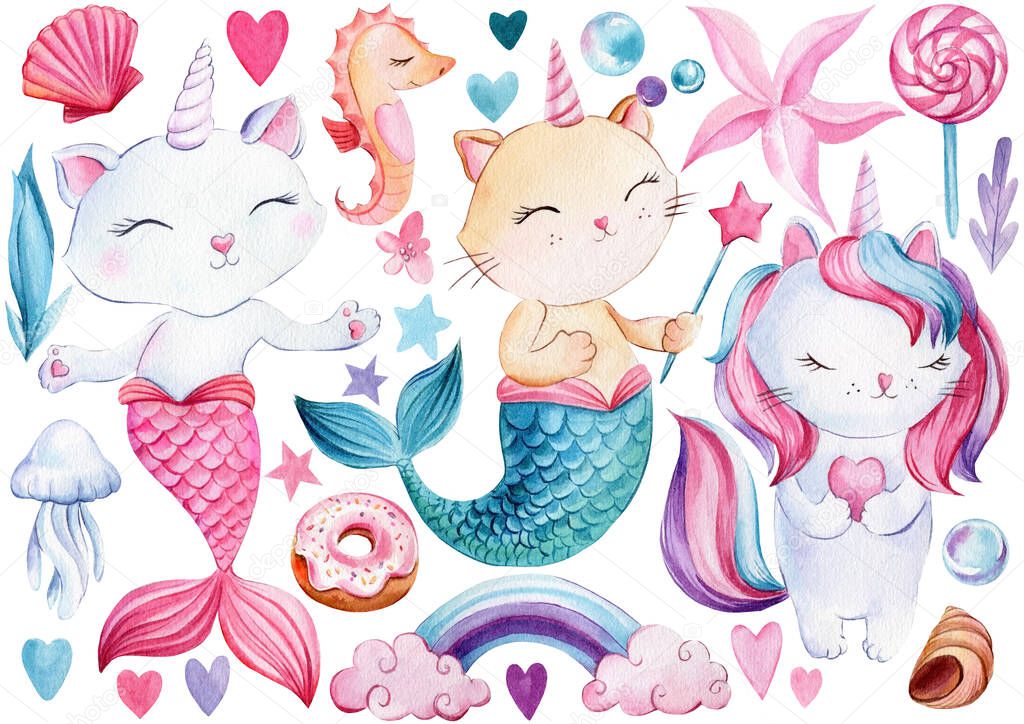 Cute unicorn cat, mermaid cat and sweets, donut, lollipop. Watercolor illustration, childrens poster