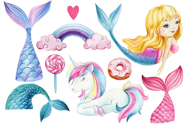 Sirena, cola, unicornio, dulce y arco iris sobre un fondo blanco aislado. Ilustración en acuarela — Foto de Stock